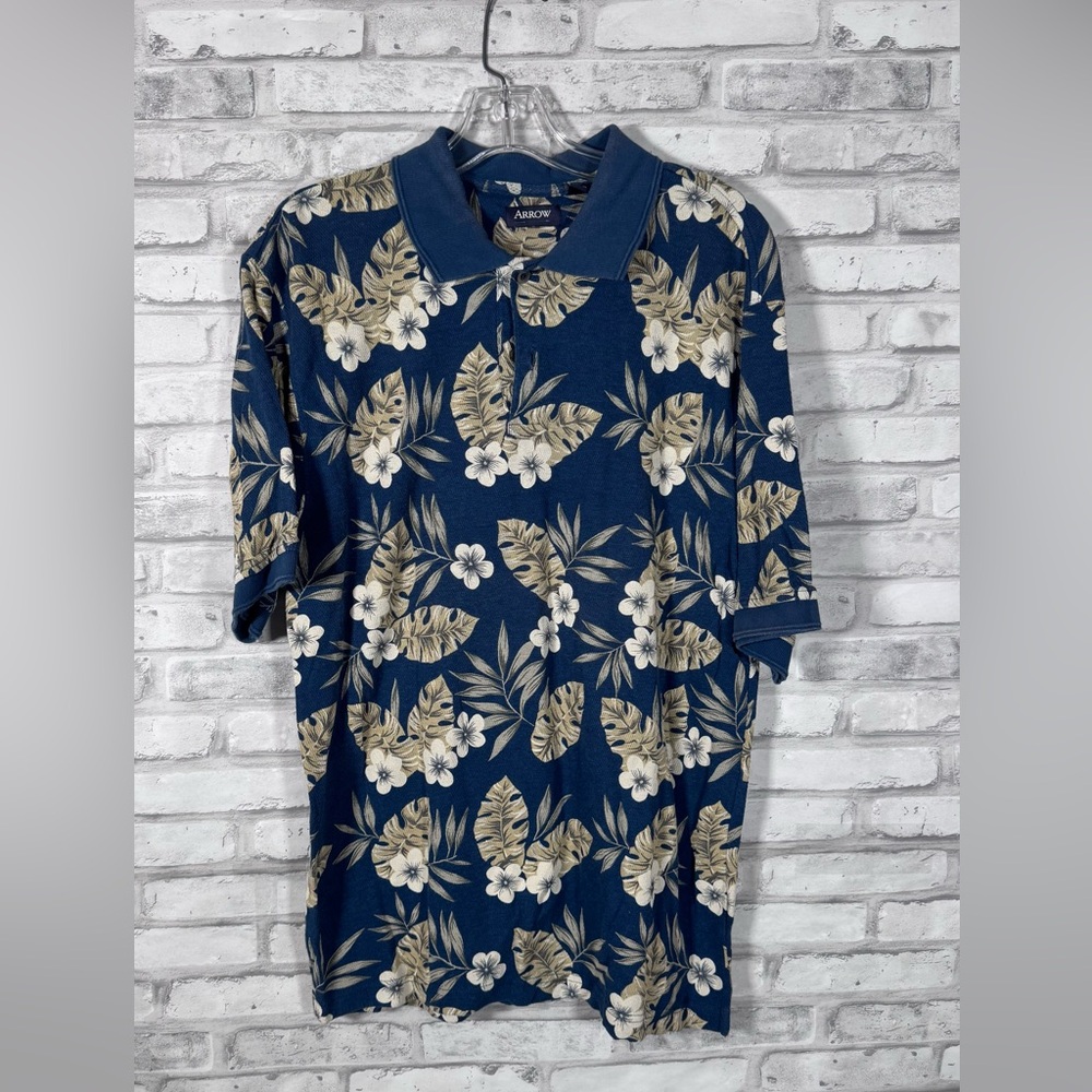 Vintage Arrow Men’s Navy Polo with Beige & White Tropical Print